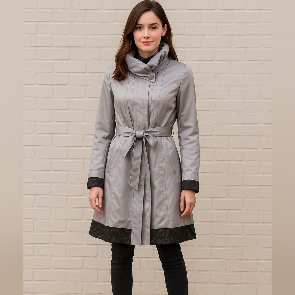 C2 Studio Velvet Trim‎ Trench Coat  Size Medium, Gray